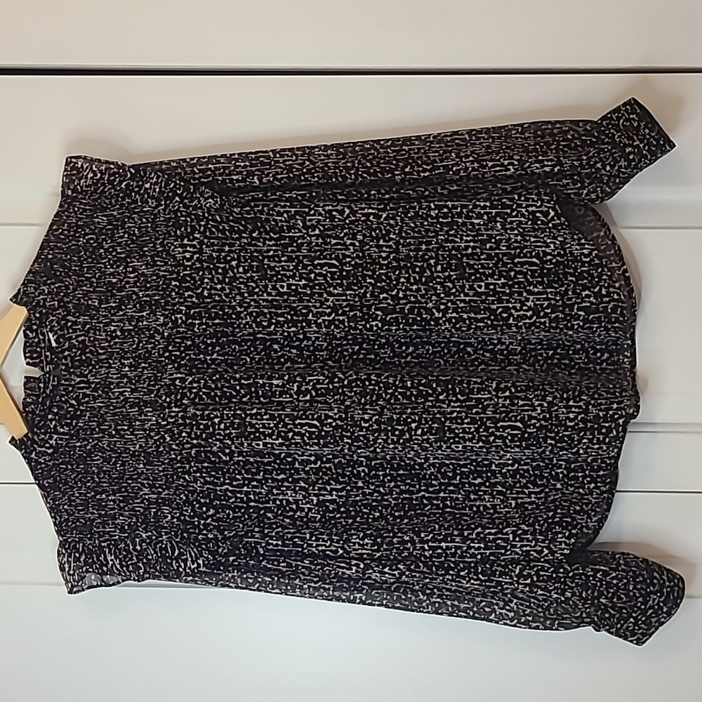 Loft Blouse High Neck Long Sleeve Sheer Black Gray Mustard Cream Print Size M